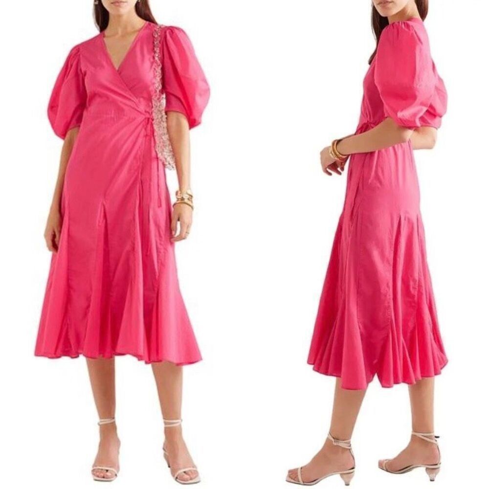 RHODE Fiona Wrap Midi Dress Hot Pink Size Small Puff Sleeve 100% Cotton New Tags